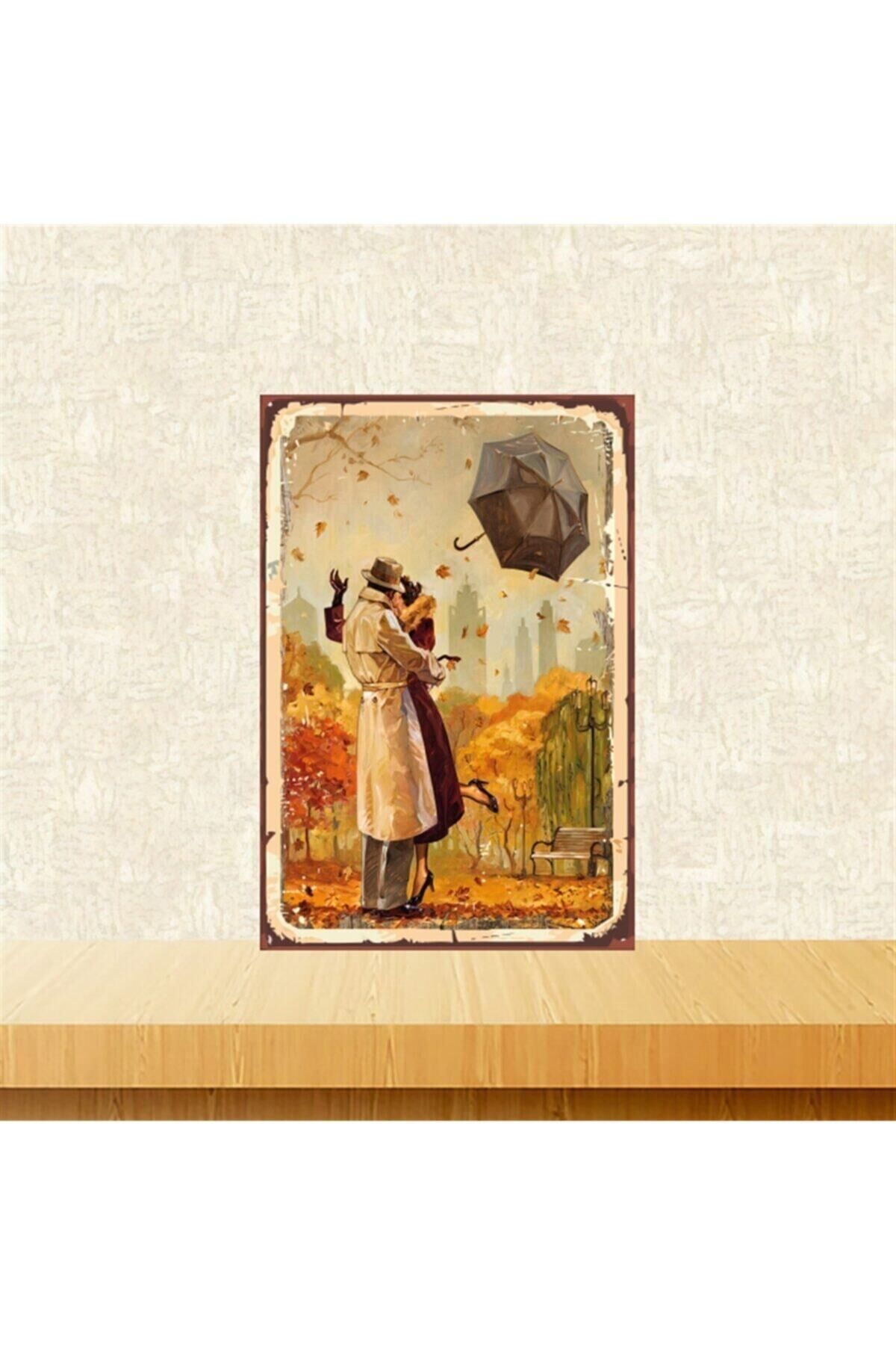Sonbaharda Aşk 20-30 Cm Retro Ahşap Tablo Tkfx4600