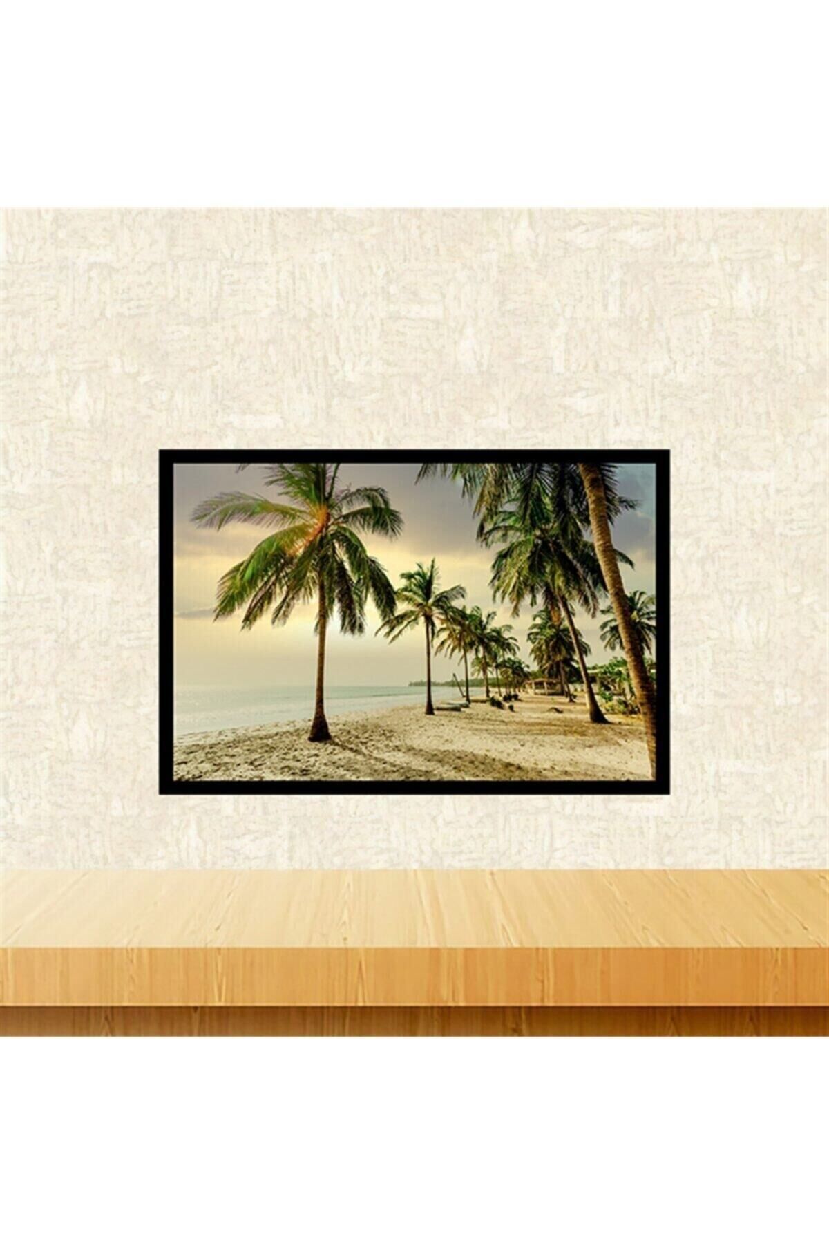 Deniz Kenarı Ve Palmiyeler Tasarımlı 20-30 Cm Retro Ahşap Tablo Tkfx5972