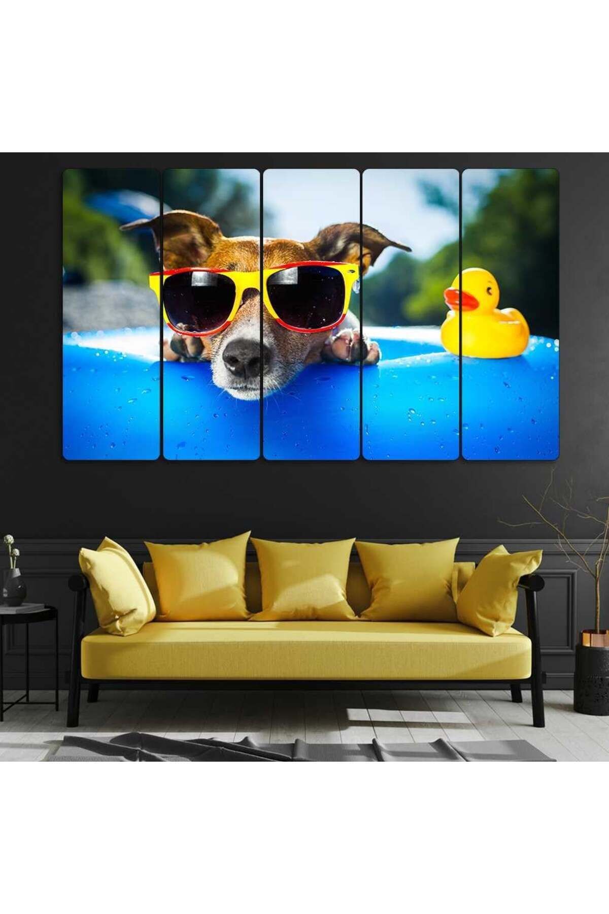 Renkli Gözlüklü Köpek, Havuzbaşı, Oyuncak Ördek, Yaz - 5 Parçalı Tablo