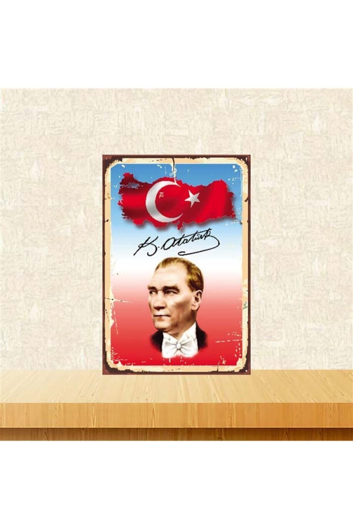Türk Bayrağı Mustafa Kemal Atatürk 20 30 cm Retro Ahşap Poster