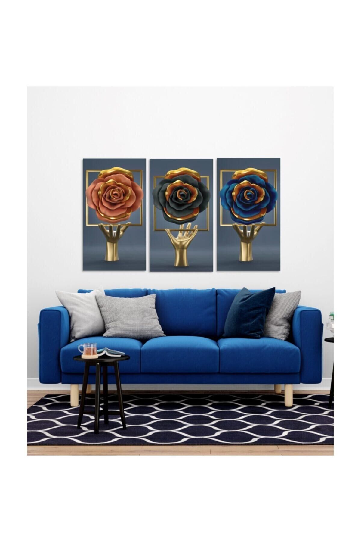 Hediyelik,dekoratif- Altın Güller 3 Parça Mdf Tablo