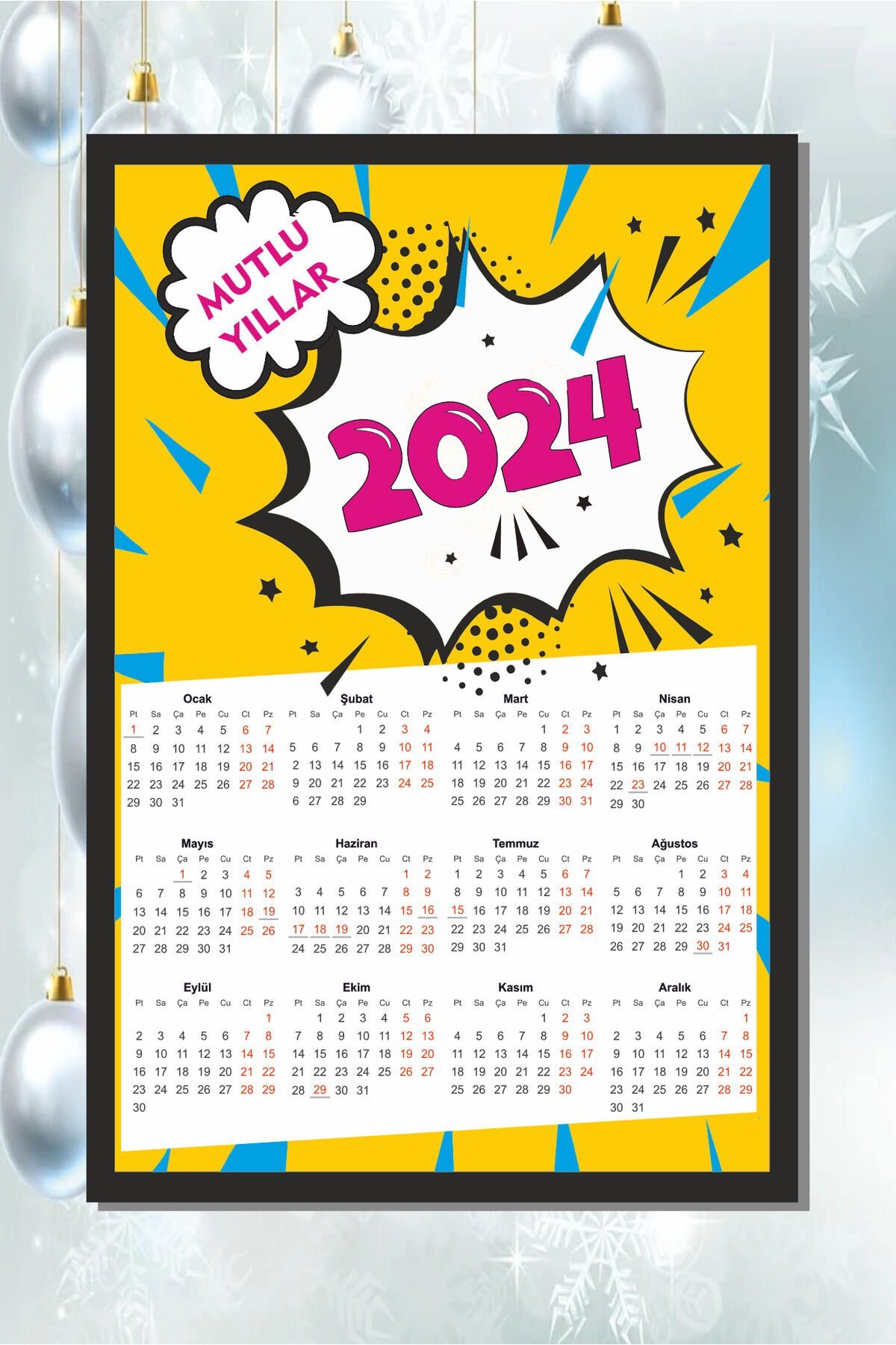 2024 YENİ YIL YILBAŞI TAKVİMİ RETRO AHŞAP POSTER
