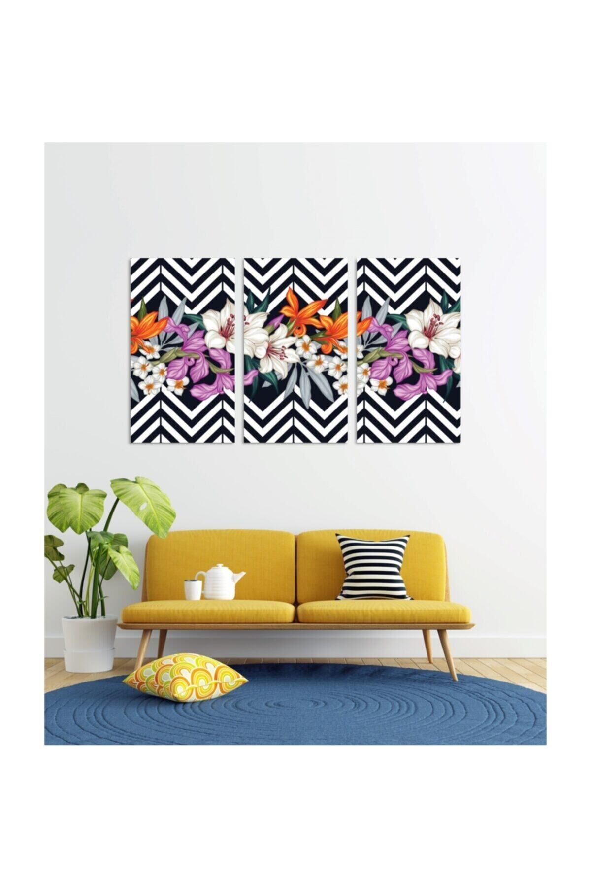 Hediyelik,dekoratif- Renkli Çiçekler 3 Parça Mdf Tablo