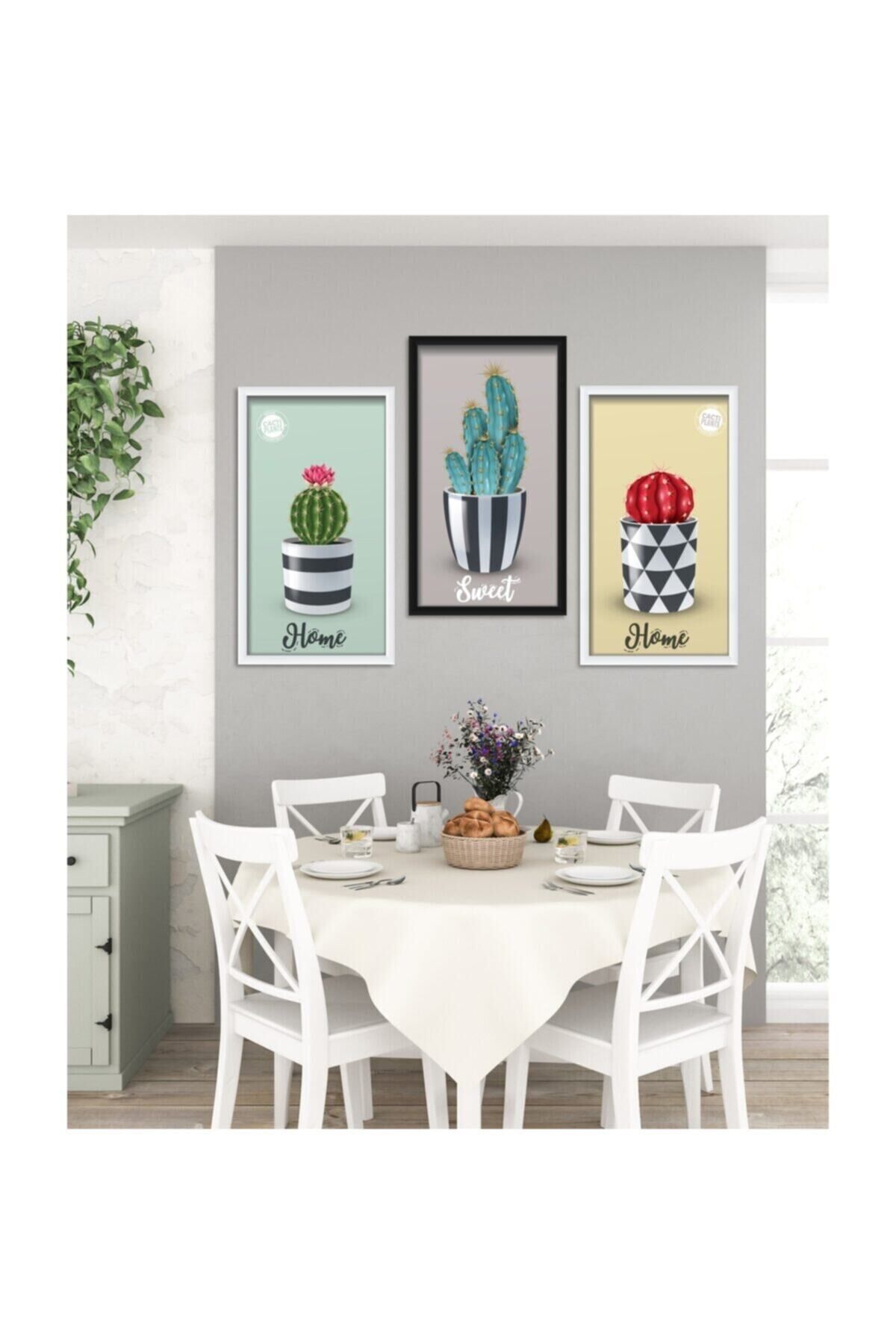 Hediyelik,dekoratif- Sevimli Kaktüsler 3 Parça Mdf Tablo