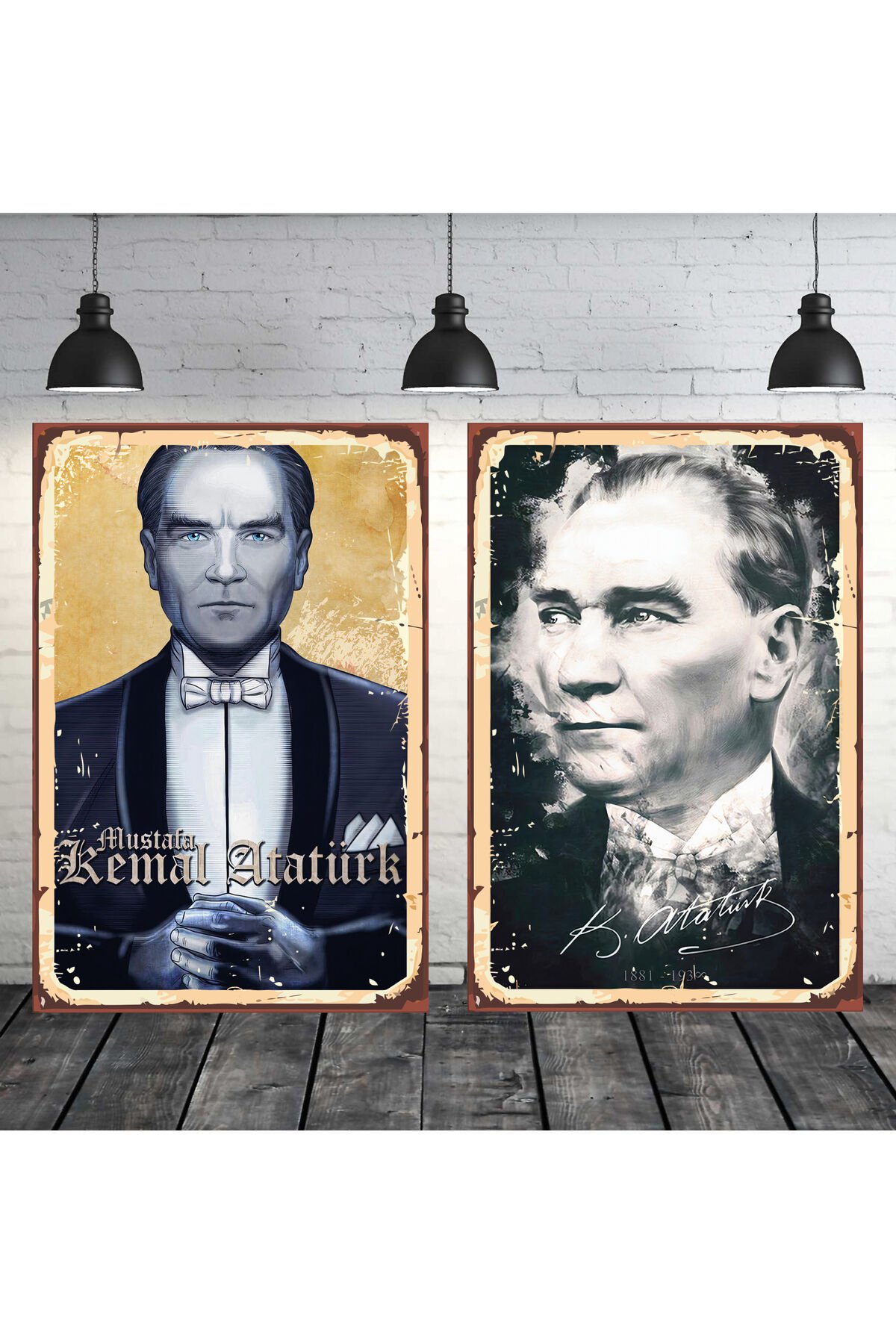 Mustafa Kemal Atatürk Seti 2 Adet 20x30 Cm Retro Ahşap Tablo