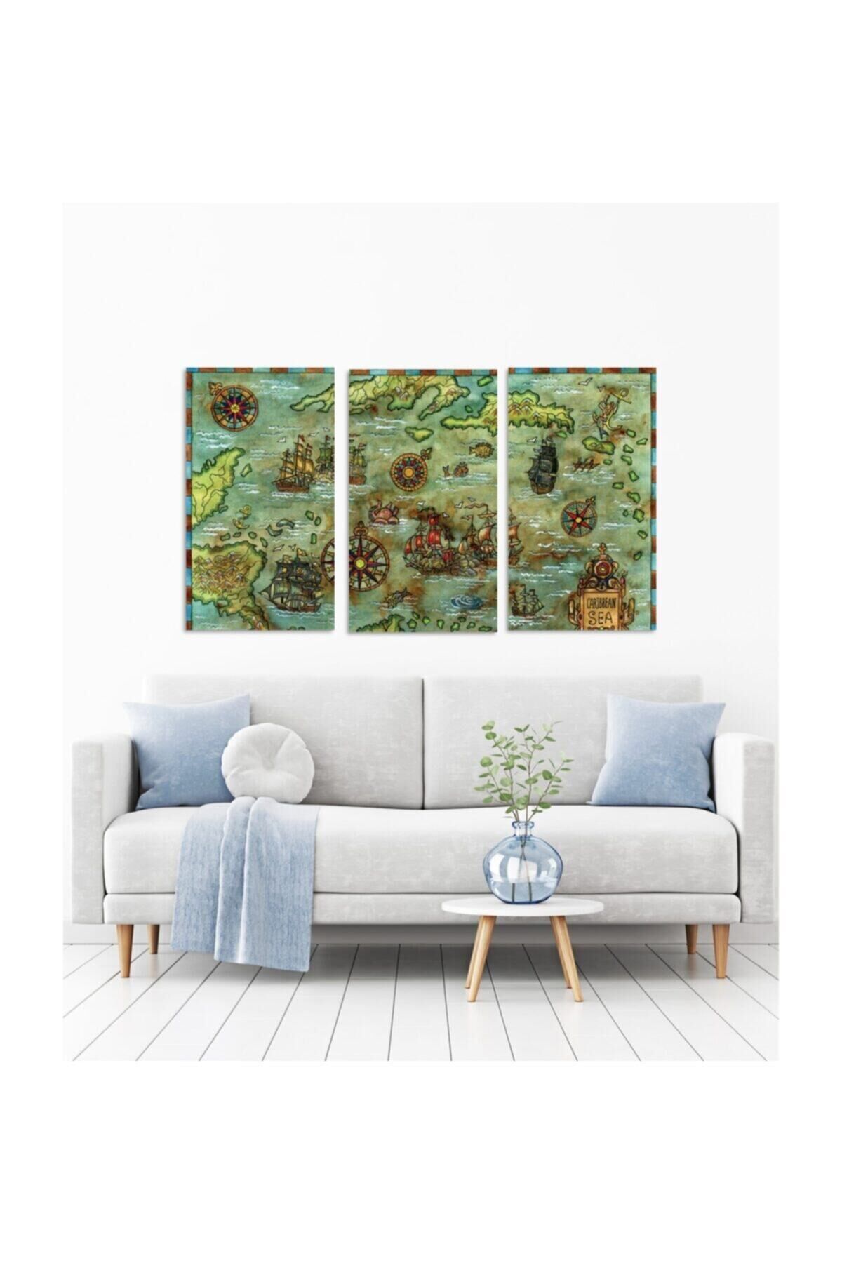 Hediyelik,dekoratif- Antika Harita 3 Parça Mdf Tablo