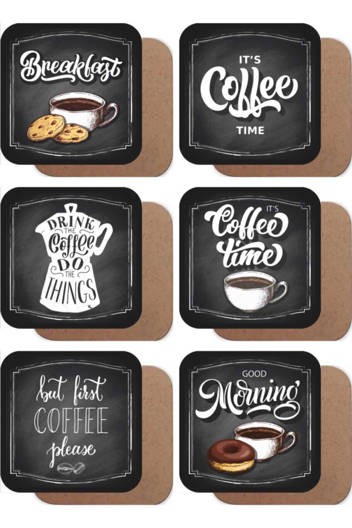 Kahve Zamanı 6lı Retro Vintage Ahşap Bardak Altlığı Seti