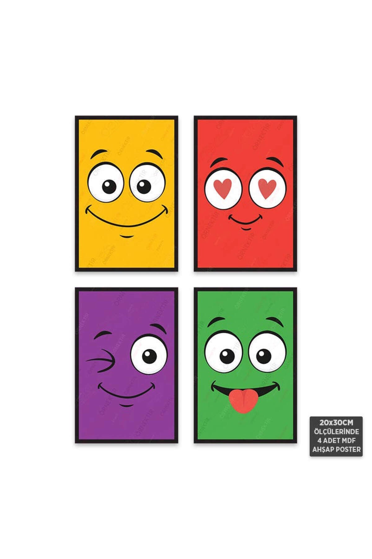 PS1014 - Emoji Modern Mdf Ahşap Poster Set (4 Adet - 20x30cm)