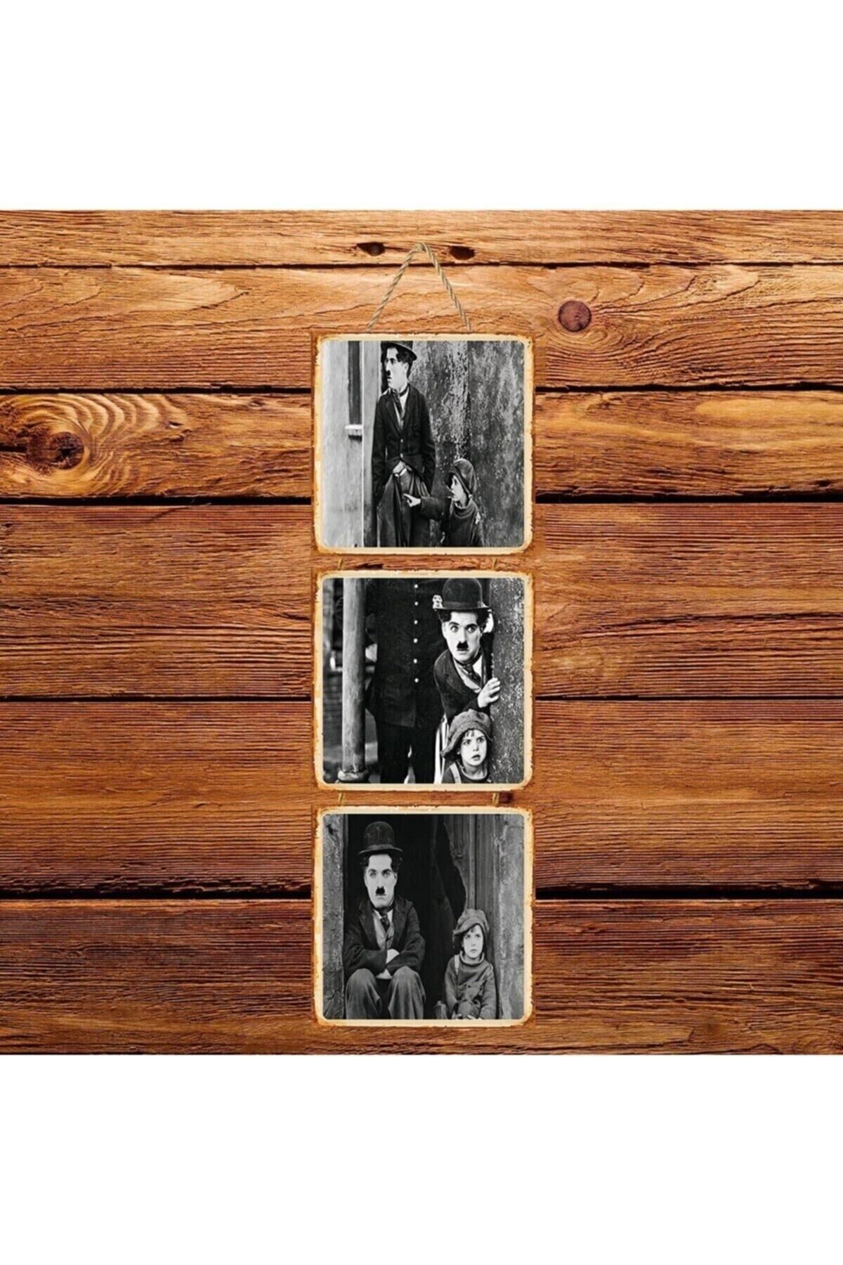 Charlie Chaplin The Kid Üçlü Retro Ahşap Poster
