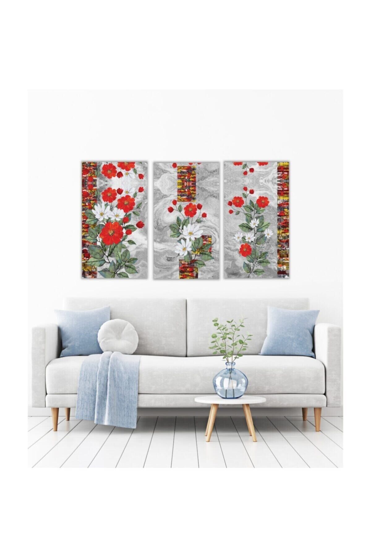 Hediyelik,dekoratif- Kırmızı Çiçekler 3 Parça Mdf Tablo