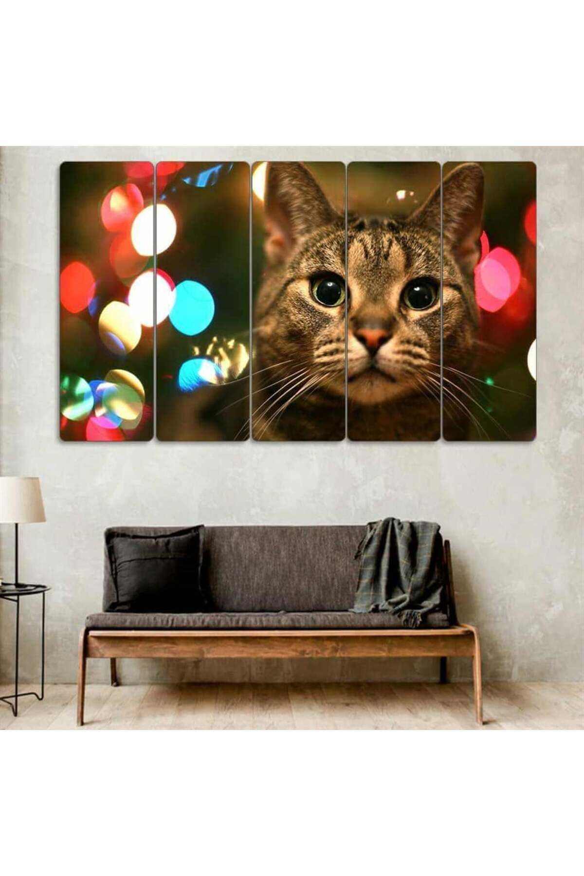 Renkli Işıkları İçinde Kedi - 5 Parçalı Tablo