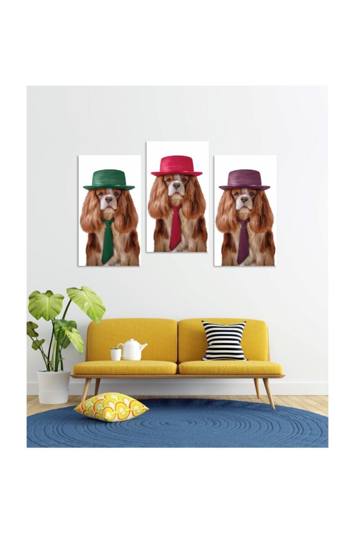 Hediyelik,dekoratif- Şapkalı Köpekler 3 Parça Mdf Tablo