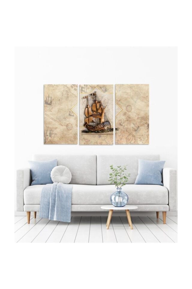 Hediyelik,dekoratif- Antik Harita Ve Gemi 3 Parça Mdf Tablo