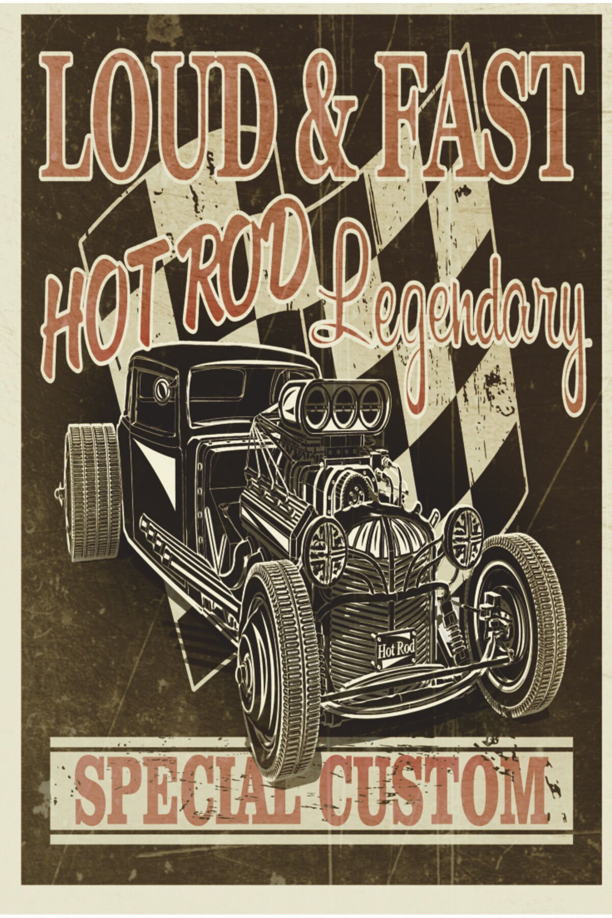 loud fast hot rod klaik nostaljik araba yarışları retro ahşap poster