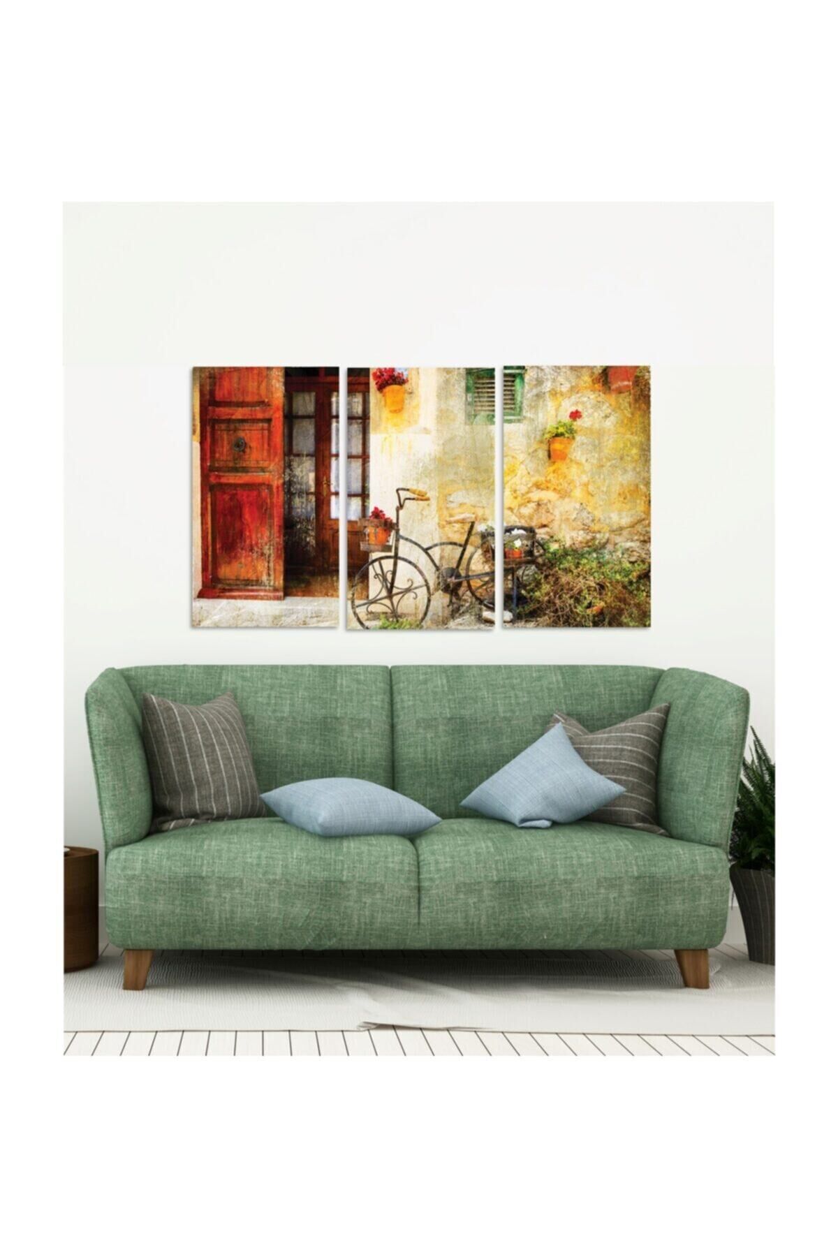 Hediyelik,dekoratif- Eski Ev Ve Bisiklet 3 Parça Mdf Tablo