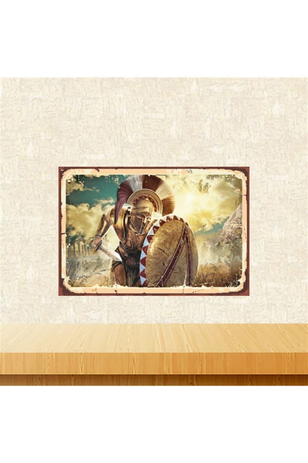 Sparta Savaşçı Tasarımlı 20-30 Cm Retro Ahşap Tablo Tkfx5678