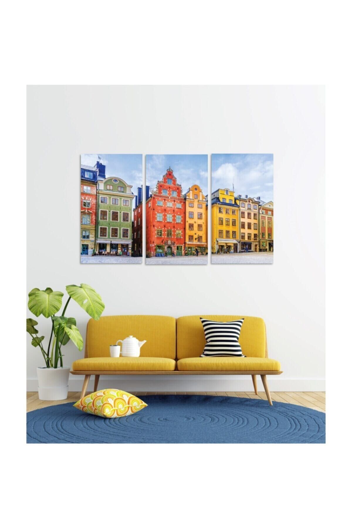 Hediyelik,dekoratif- Renkli Evler 3 Parça Mdf Tablo
