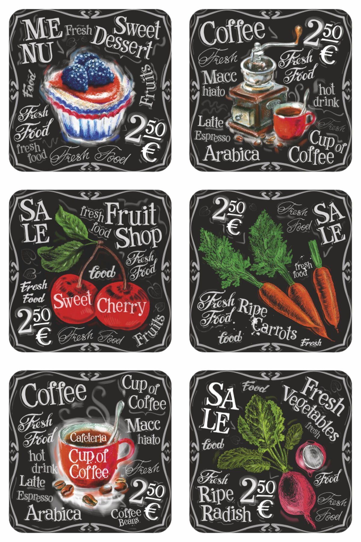 kara tahta üzerine tebeşir font menü kahve mutfak kafe bar dekor 6lı ahşap bardak altığı seti