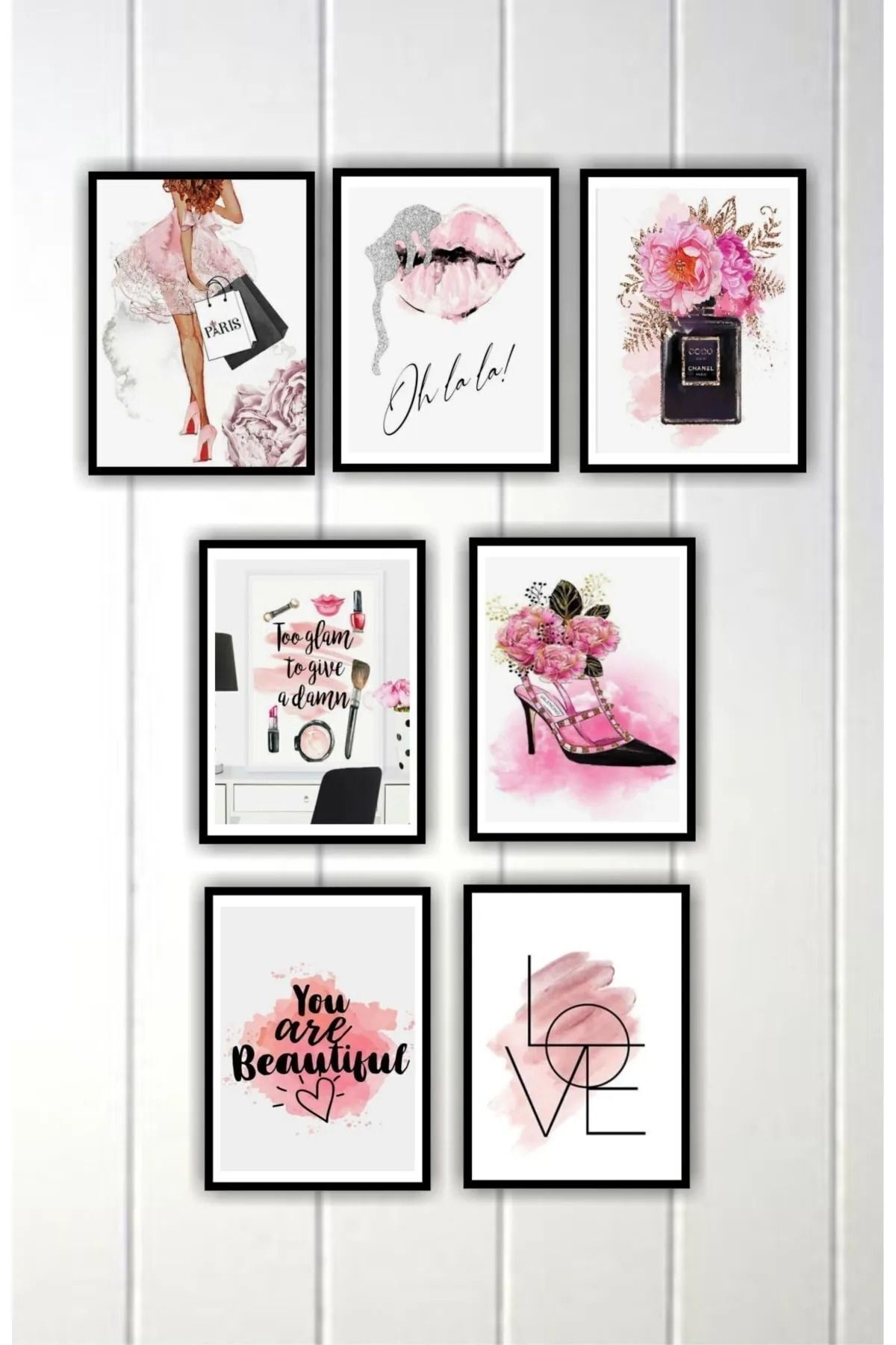 7 Parça Ev Dekorasyon Pembe Çerçeve Görünümlü Arkası Yapışkanlı Çoklu Mdf Tablo Set