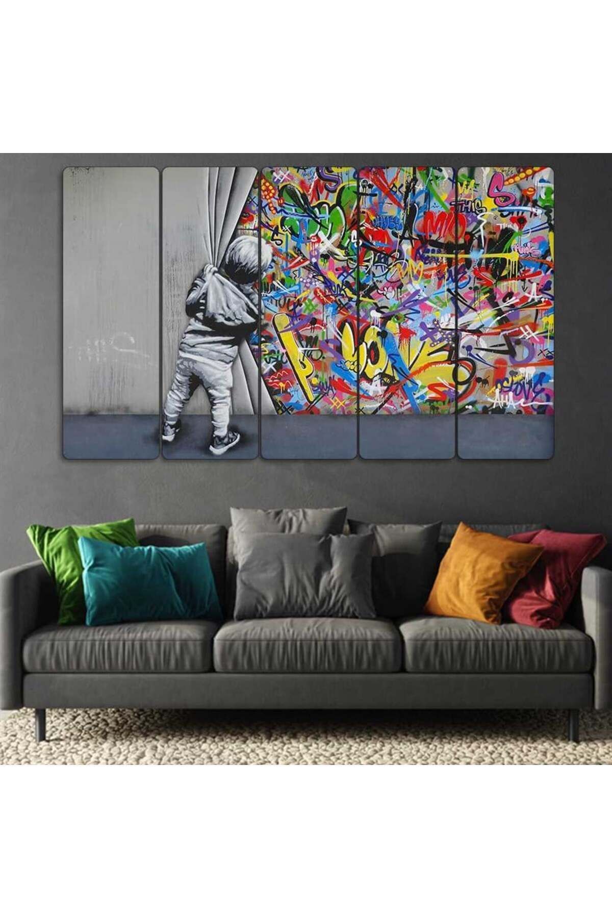 Graffiti, Çocuk, Renkli Duvar Sanatı - 5 Parçalı Tablo