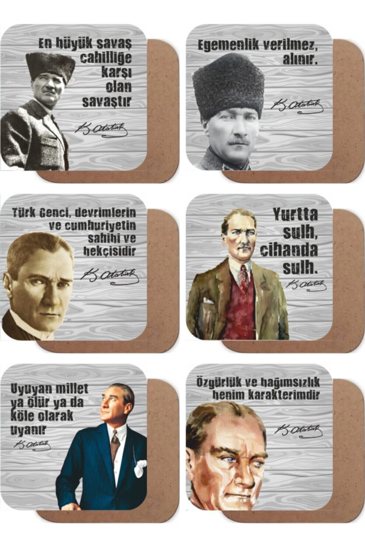 Mustafa Kemal Atatürk Ahşap Bardak Altlığı Seti 6'lı