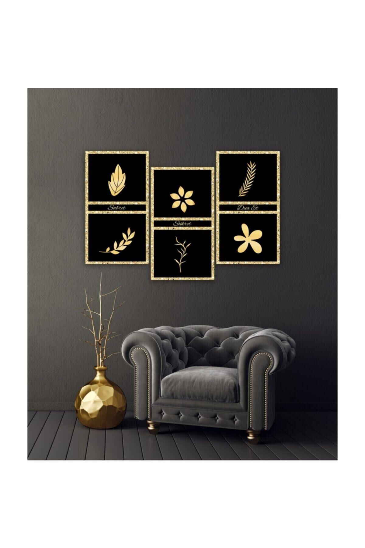 Hediyelik,dekoratif- Altın Yapraklar 3 Parça Mdf Tablo