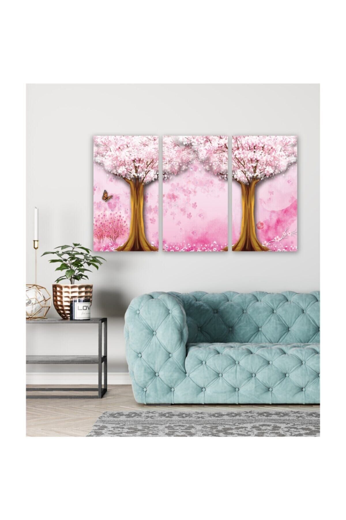 Hediyelik,dekoratif- 3d Pembe Çiçekler 3 Parça Mdf Tablo