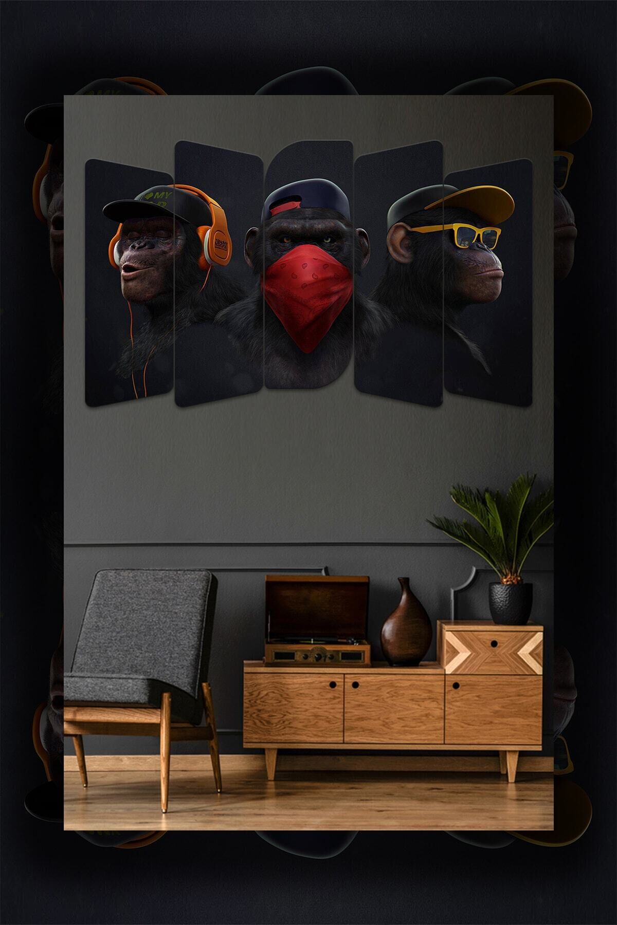 3 Maymun Görmedim Duymadım Bilmiyorum 5 Parçalı Dekoratif Tablo