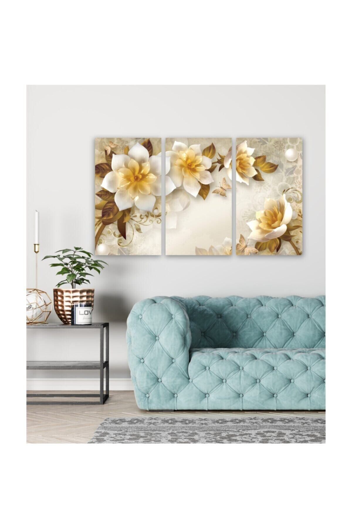 Hediyelik,dekoratif- Altın Çiçekler 3 Parça Mdf Tablo