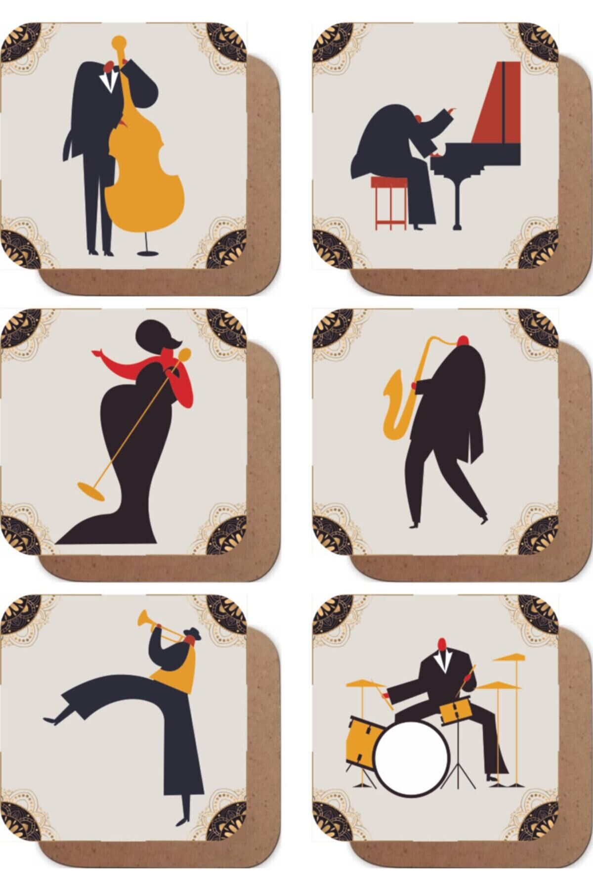 Jazz Müzik Müzisyenleri 6'lı Retro Ahşap Bardak Altlığı Seti
