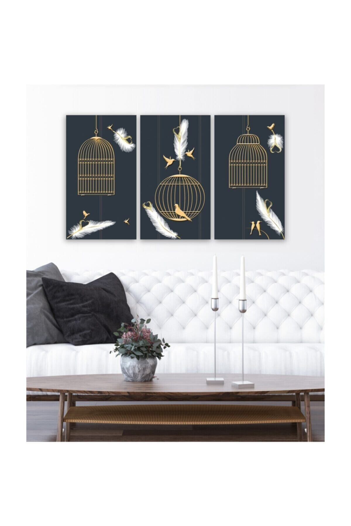 Hediyelik,dekoratif- Kuşlar Ve Kafesler 3 Parça Mdf Tablo