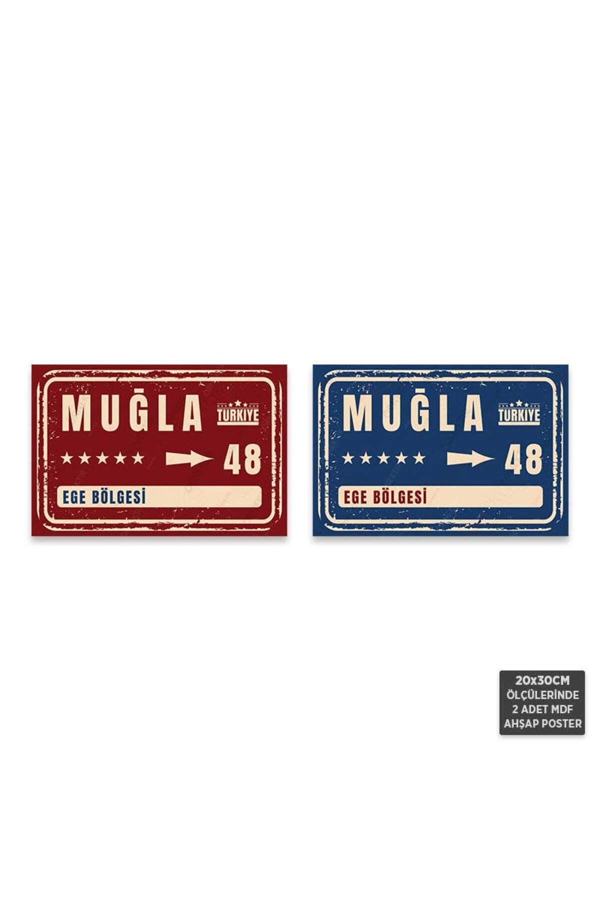 PS1087 - Muğla Şehir Tabelası Retro Mdf Ahşap Poster Set (2 Adet - 20x30cm)