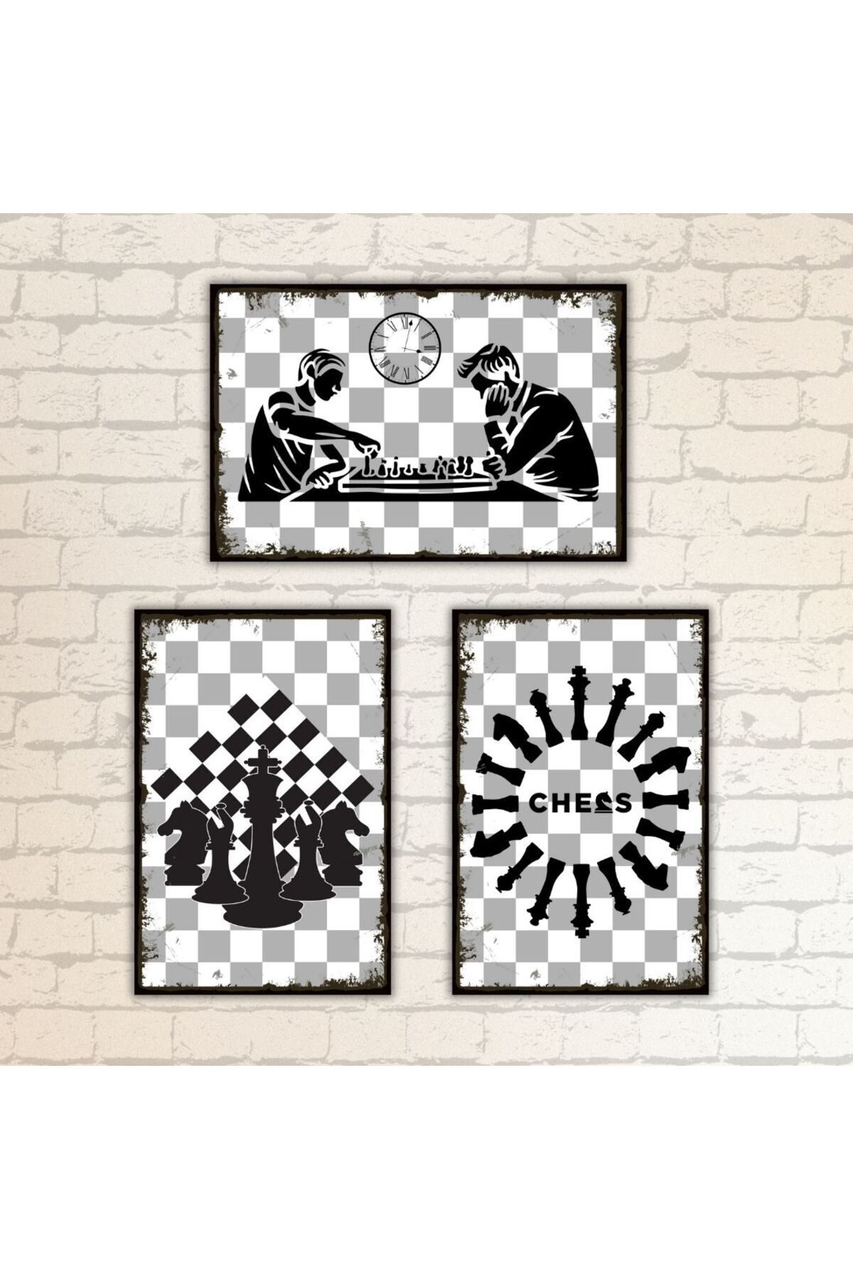 Satranç Temalı Ahşap Tablo Seti 3 lü