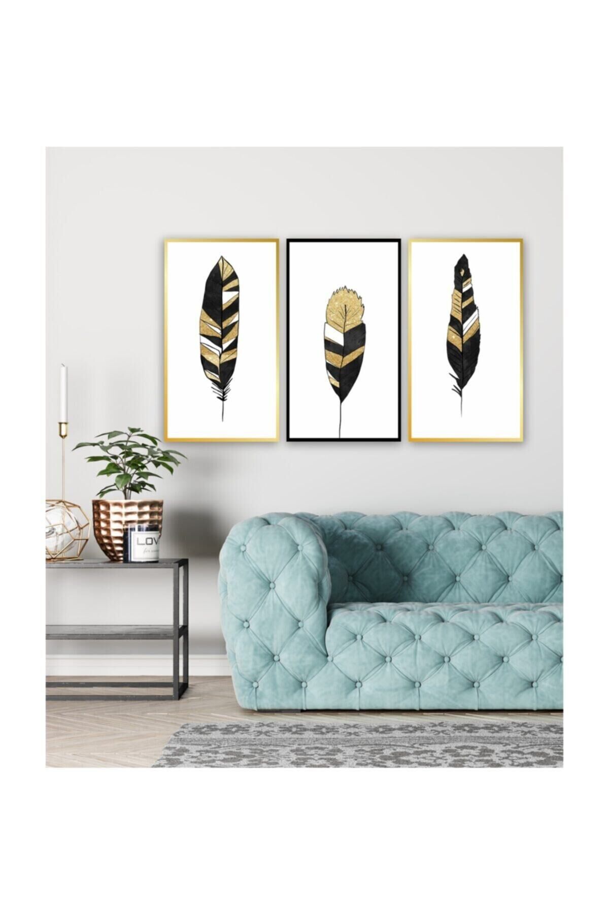 Hediyelik,dekoratif- Gold Tüyler 3 Parça Mdf Tablo