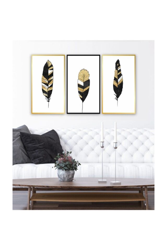Hediyelik,dekoratif- Gold Tüyler 3 Parça Mdf Tablo