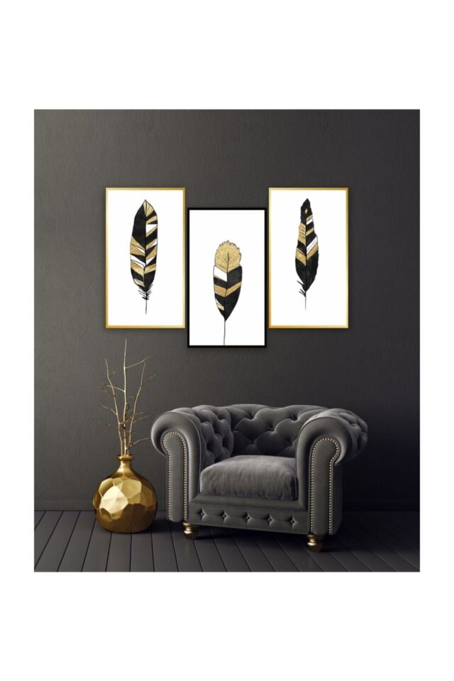 Hediyelik,dekoratif- Gold Tüyler 3 Parça Mdf Tablo