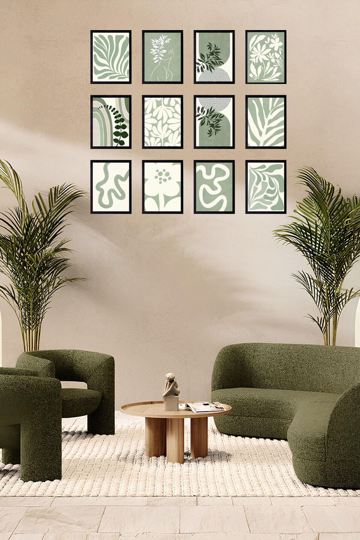 Yeşil Yapraklar Galerisi 12'Parça Çerçeve Görünümlü Modern MDF Tablo Seti- Ev Dekorasyonu