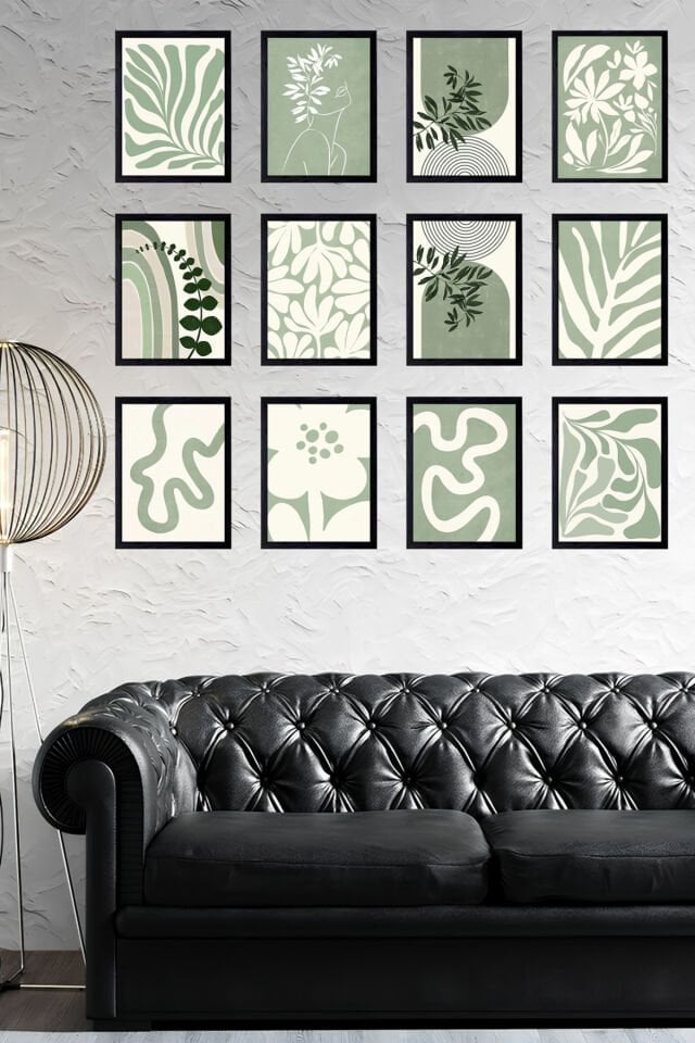 Yeşil Yapraklar Galerisi 12'Parça Çerçeve Görünümlü Modern MDF Tablo Seti- Ev Dekorasyonu