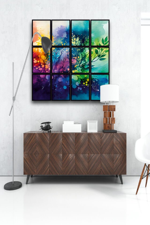 12 parça Renkler Çiçek Çerçeve Görünümlü Mdf tablo Duvar Süsü Hediyelik Eşya (45cm x 85cm)