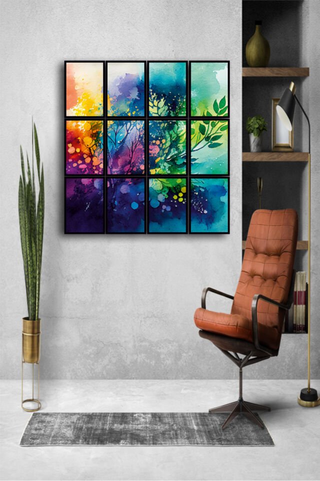 12 parça Renkler Çiçek Çerçeve Görünümlü Mdf tablo Duvar Süsü Hediyelik Eşya (45cm x 85cm)