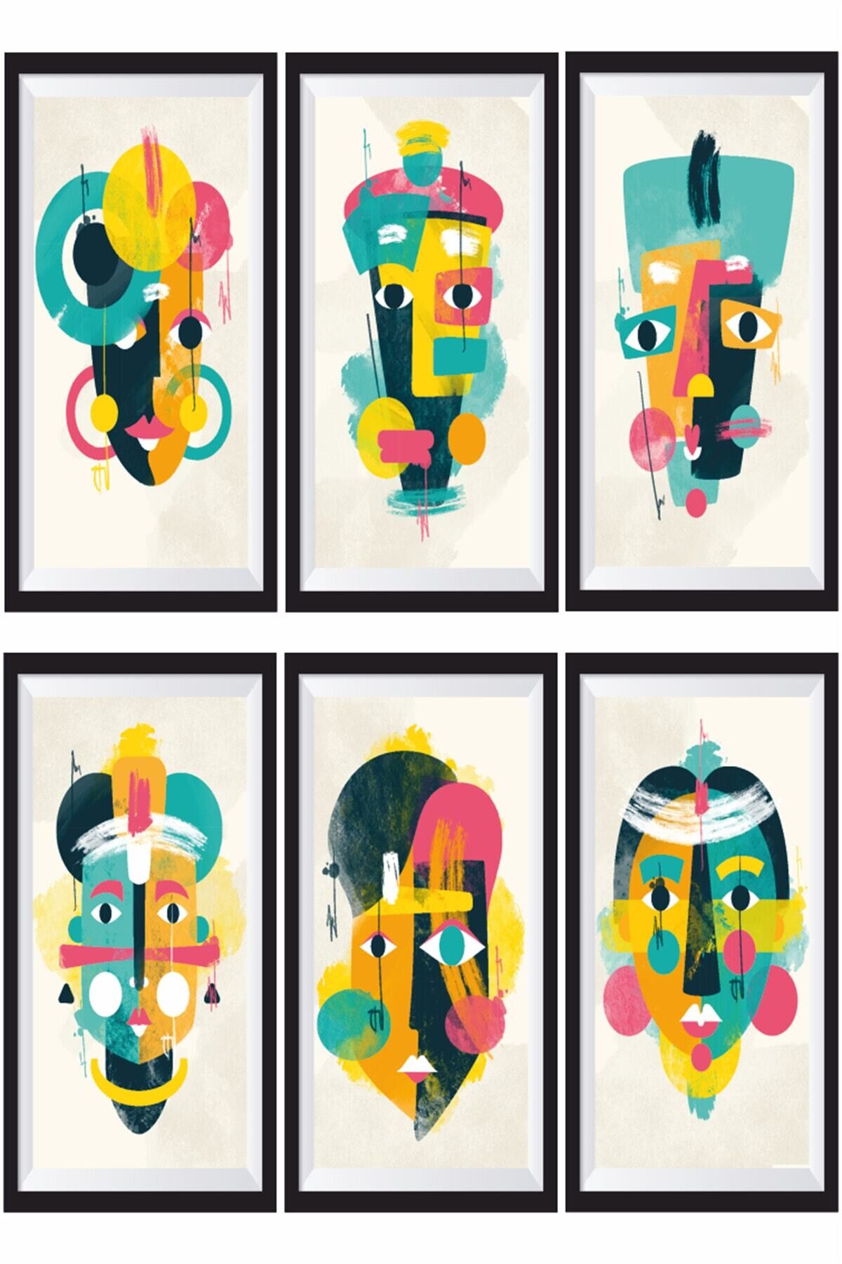 Afrika Mask Dekorasyon Sanat 6lı Mini Çerçeve Görünümlü Ahşap Poster Seti