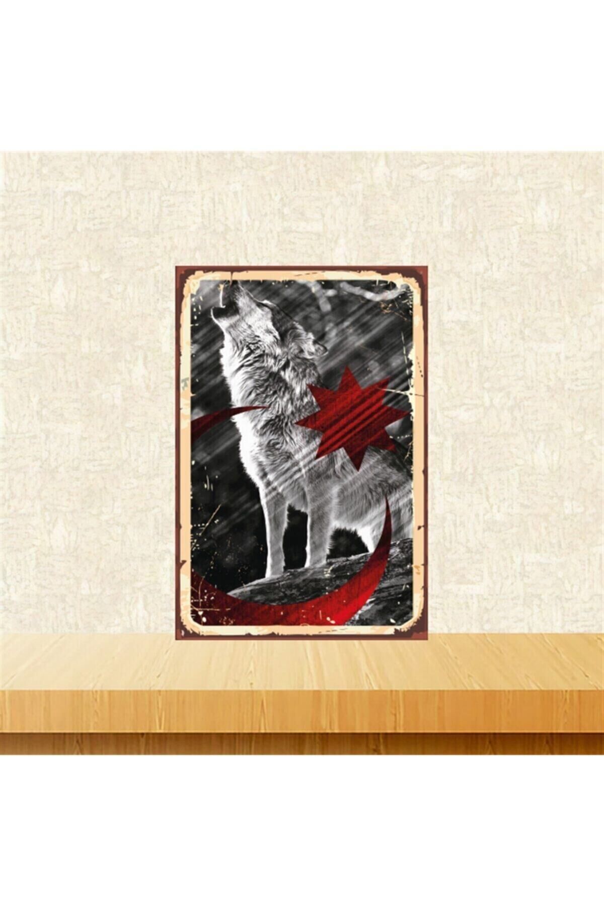 Uluyan Kurt Ayyıldız 20-30 cm Retro Ahşap Tablo Tkfx4836