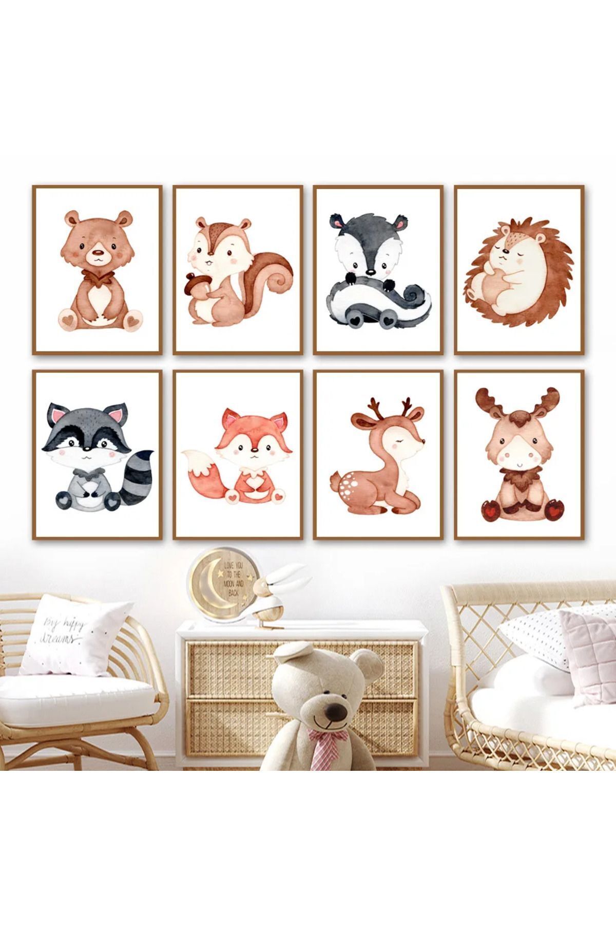 Bohem Renkli, Sevimli Bebek Hayvanlar '8 Parça Çerçeve Görünümlü MDF Tablo Seti ,