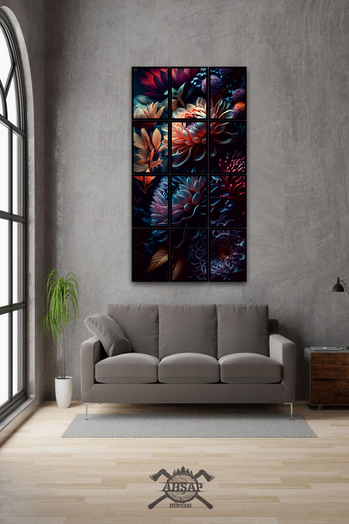 12 parça Siyah Çiçek Uyumu Çerçeve Görünümlü Mdf tablo Duvar Süsü Hediyelik Eşya (45cm x 85cm)