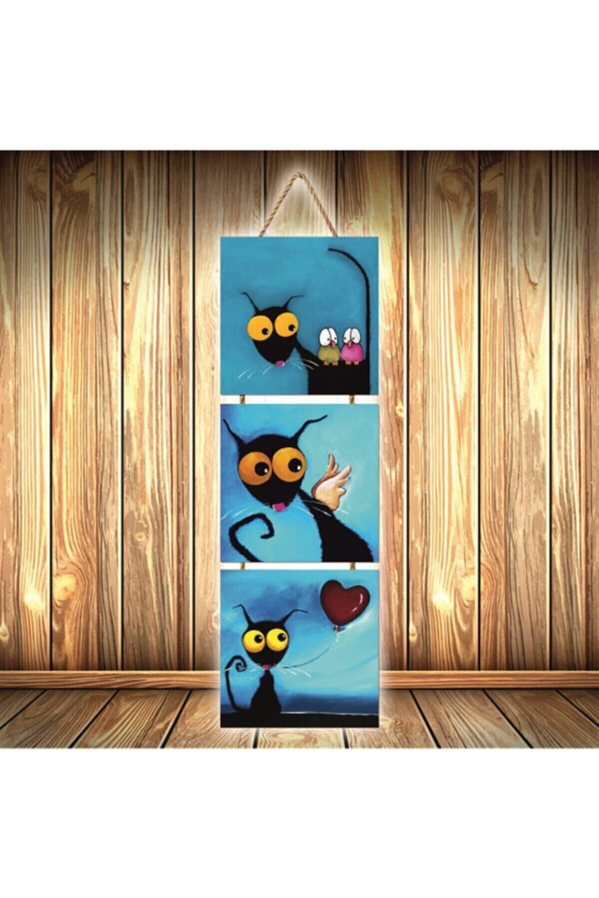 Kedi Baykuş Tasarımlı Üçlü Retro Ahşap Poster Ü300