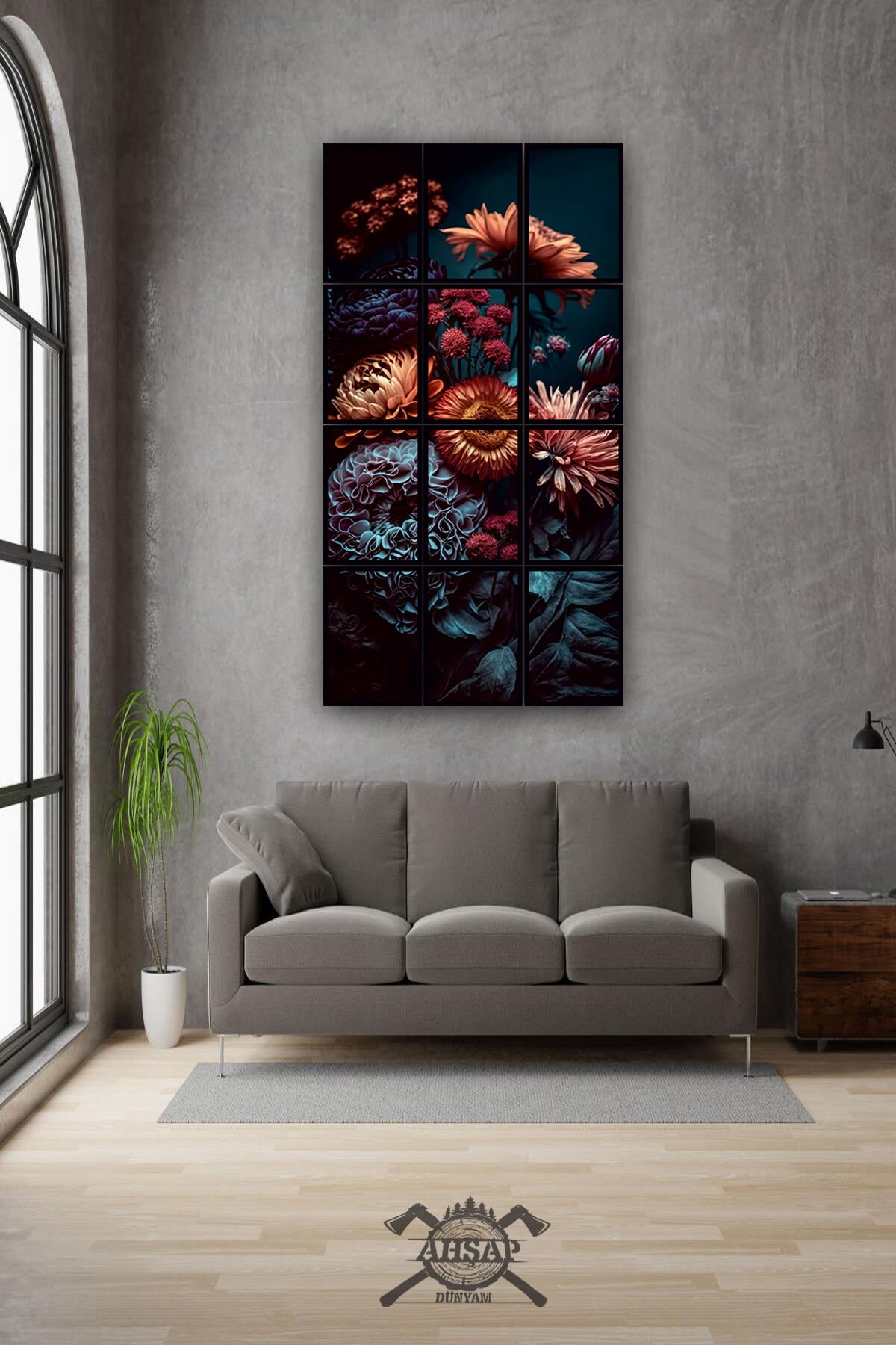 12 parça Güzel Siyah Çiçek Uyumu Çerçeve Görünümlü Mdf tablo Duvar Süsü Hediyelik Eşya (45cm x 85cm)