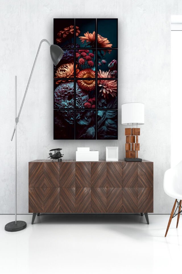 12 parça Güzel Siyah Çiçek Uyumu Çerçeve Görünümlü Mdf tablo Duvar Süsü Hediyelik Eşya (45cm x 85cm)