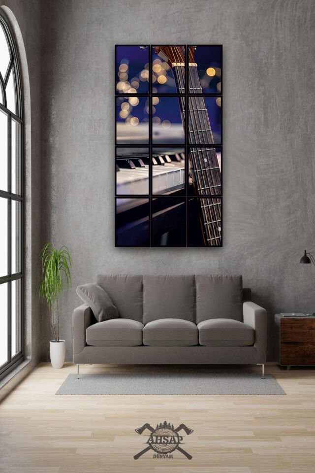 12 parça Gitar Piano Çerçeve Görünümlü Mdf tablo Duvar Süsü Hediyelik Eşya (45cm x 85cm)