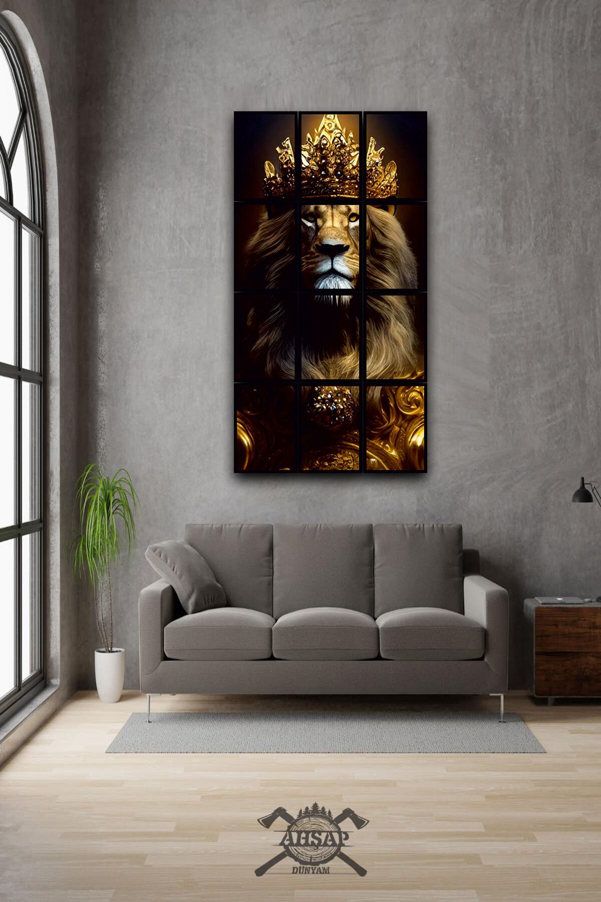 12 parça Aslan kral Çerçeve Görünümlü Mdf tablo Duvar Süsü Hediyelik Eşya (45cm x 85cm)