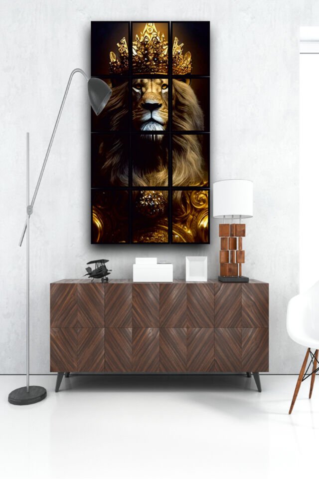 12 parça Aslan kral Çerçeve Görünümlü Mdf tablo Duvar Süsü Hediyelik Eşya (45cm x 85cm)